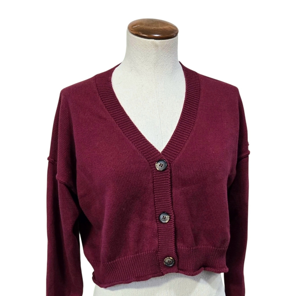 Forever 21 Cropped V-neck Knit Cotton Oversized Cardigan Sweater Burgandy S